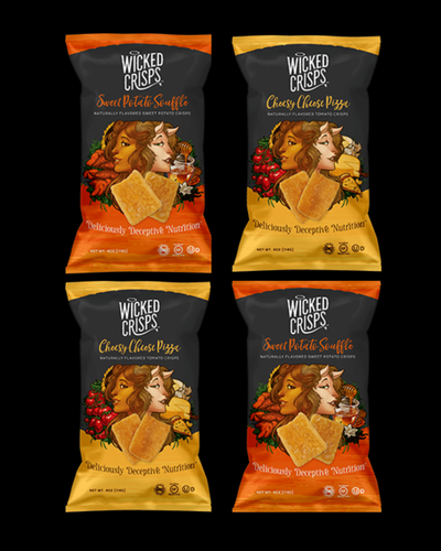 Wicked Crisps, Super Snack Squad Variety Pack, 2 Bags Each of Sweet Potato Souffle Naturally Flavored Sweet Potato Crisps and Cheesy Cheese Pizza Naturally Flavored Tomato Crisps, Baked Veggie Chips, Deliciously Deceptive Nutrition, 4OZ. (4 PACK) $19.96