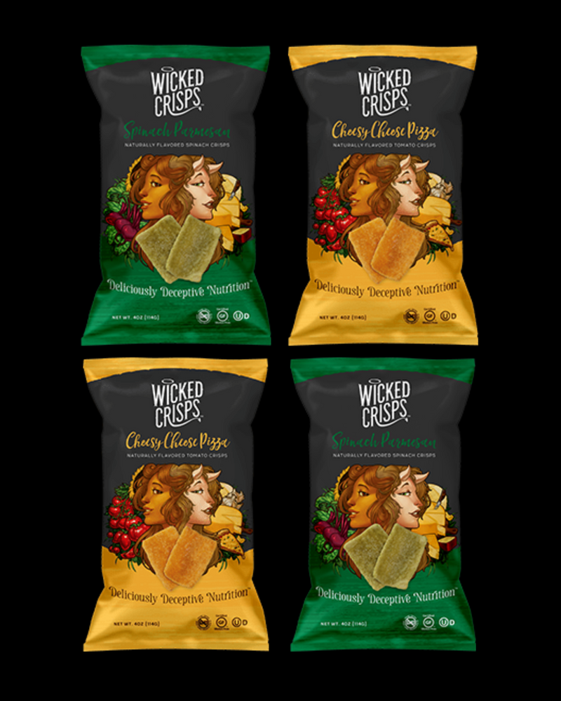 Wicked Crisps, Cheesy Lovers' Duo Variety Pack, 2 Bags Each of Cheesy Cheese Pizza Naturally Flavored Tomato Crisps and Spinach Parmesan Naturally Flavored Spinach Crisps, Baked Veggie Chips, Deliciously Deceptive Nutrition 4OZ. (4 PACK) $19.96