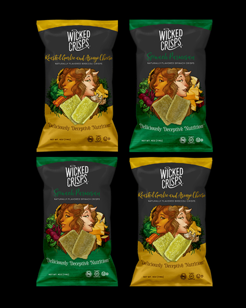 Wicked Crisps, Green Veggie Lovers Variety Pack, 2 Bags of Roasted Garlic & Asiago Cheese Naturally Flavored Broccoli Crisps and Spinach Parmesan Naturally Flavored Spinach Crisps, Baked Veggie Chips, Deliciously Deceptive Nutrition 4 OZ. (4 PACK) $19.96