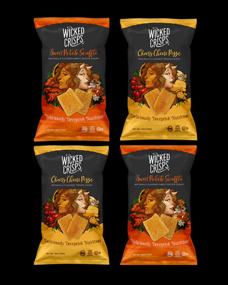 Wicked Crisps, Super Snack Squad Variety Pack, 2 Bags Each of Sweet Potato Souffle Naturally Flavored Sweet Potato Crisps and Cheesy Cheese Pizza Naturally Flavored Tomato Crisps, Baked Veggie Chips, Deliciously Deceptive Nutrition, 4OZ. (4 PACK) $19.96