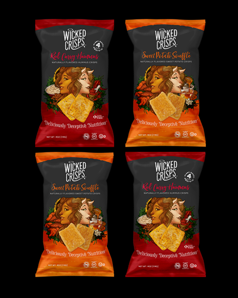Wicked Crisps, Sweet and Spicy Harmony Variety Pack, 2 Bags Each of Red Curry Hummus Naturally Flavored Hummus Crisps 4g Protein and Sweet Potato Souffle Naturally Flavored Sweet Potato Crisps, Deliciously Deceptive Nutrition, 4OZ. (4 PACK) $19.96